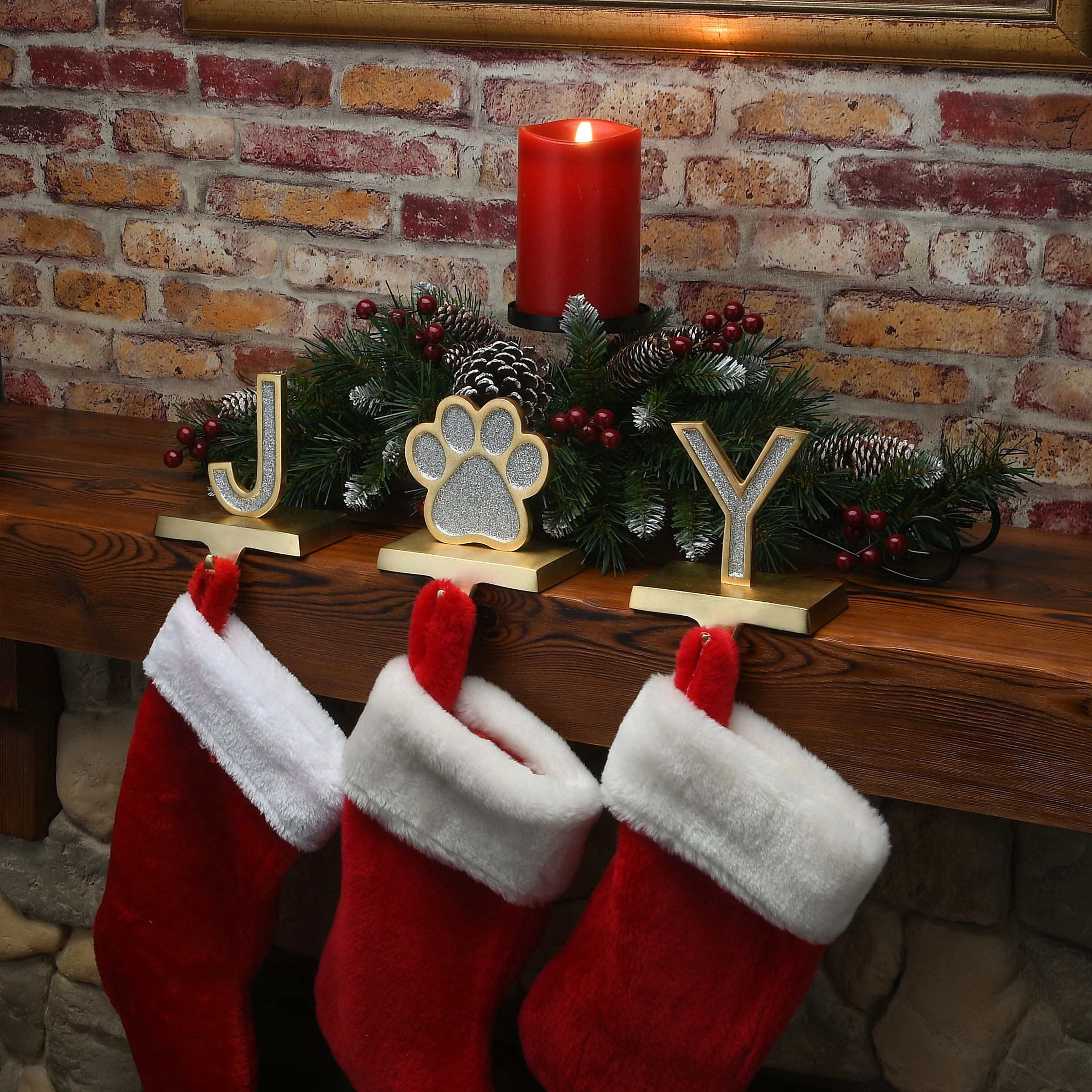 5 in. 3-Piece Silver Sparkle JOY Christmas Stocking Holders, Silver and Gold with Paw Print - Image 2