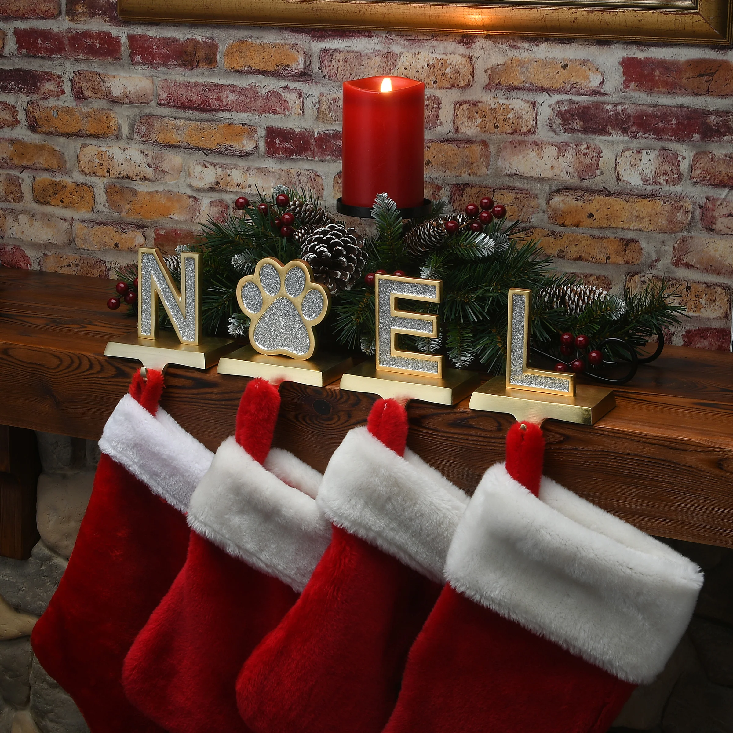 5 in. 4-Piece Silver Sparkle NOEL Christmas Stocking Holders, Silver and Gold with Paw Print - Image 2