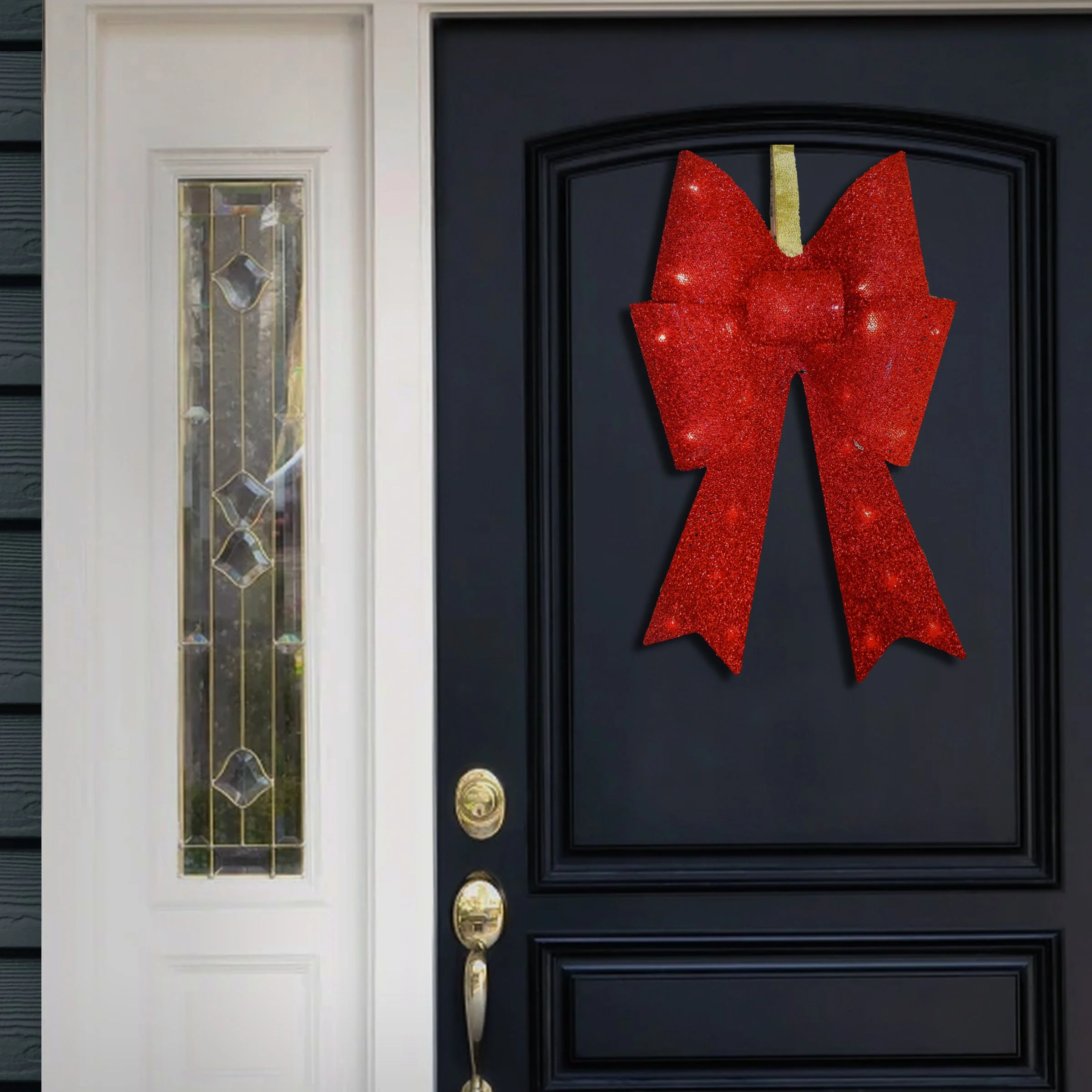 20 in. Pre-Lit Red Fabric Bow with Battery Operated LED Lights - Image 2