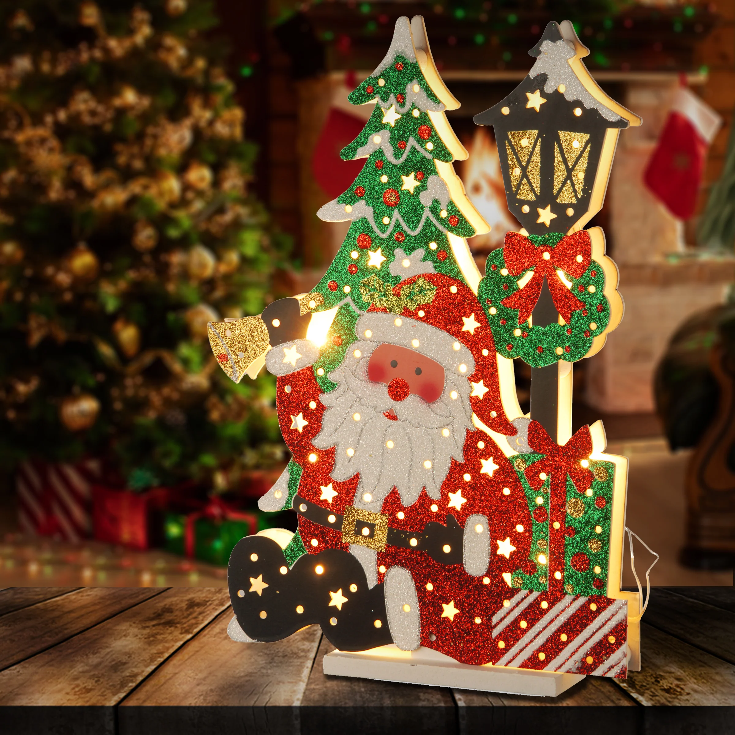 17.5 in. Pre-Lit Wooden Santa Scene - Image 4