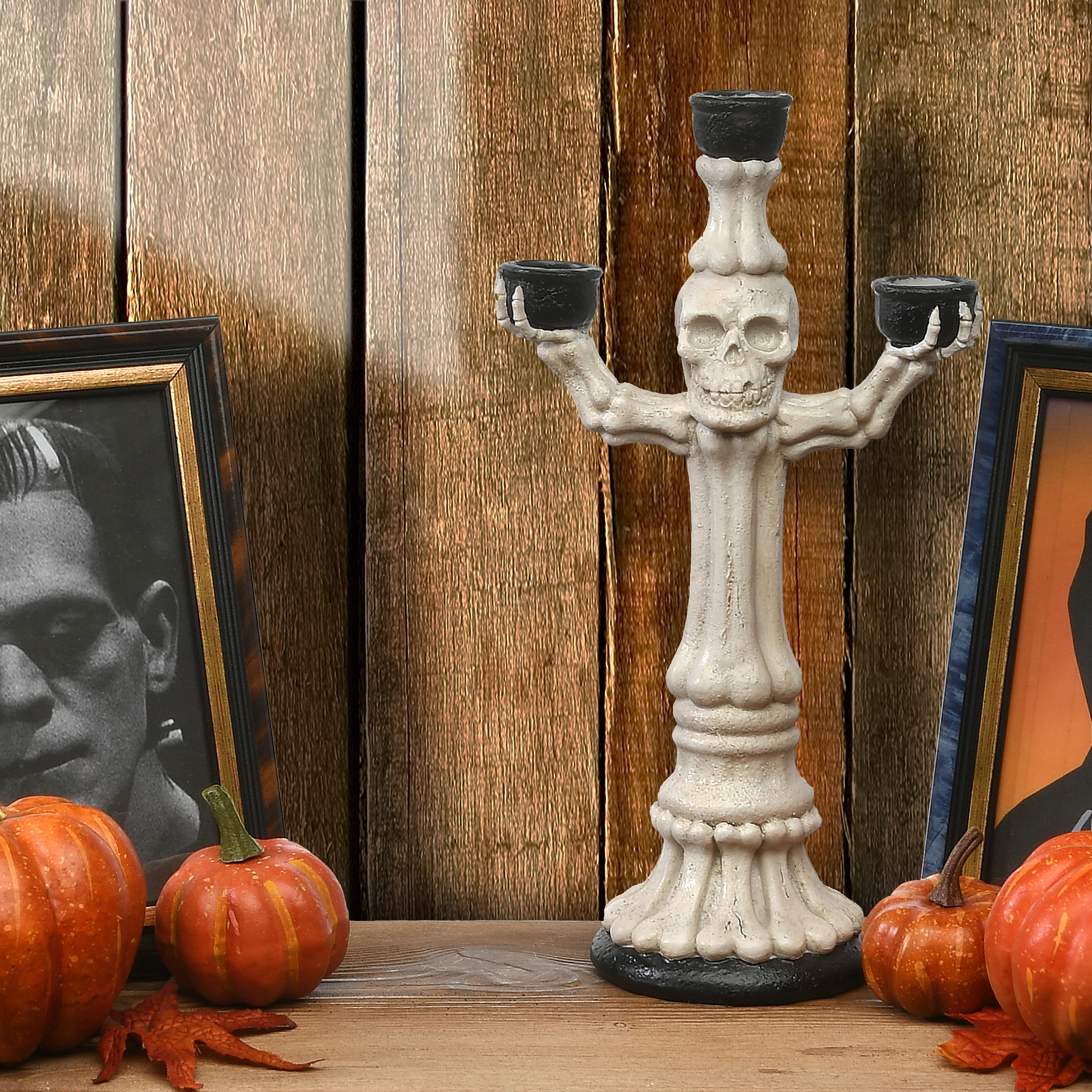 12 in. Halloween Skeleton Candelabra Holds Three Candles - Image 2