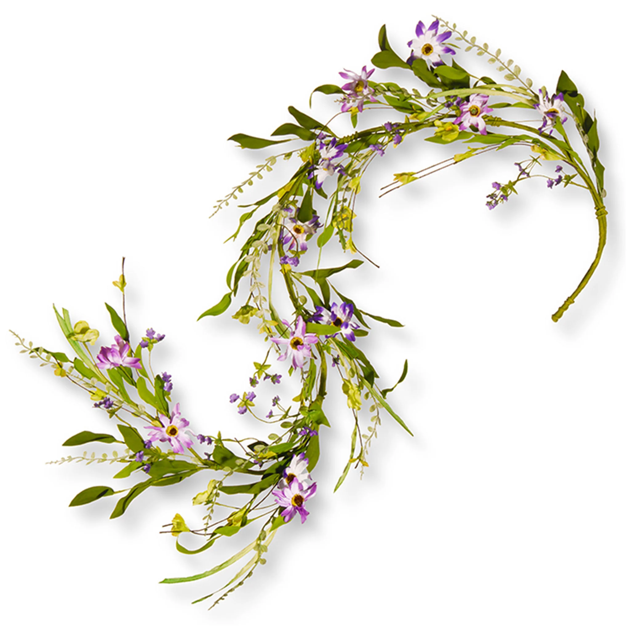 5 ft. Spring Garland with Fern Fronds, Purple Flower Blooms, Leafy Greens