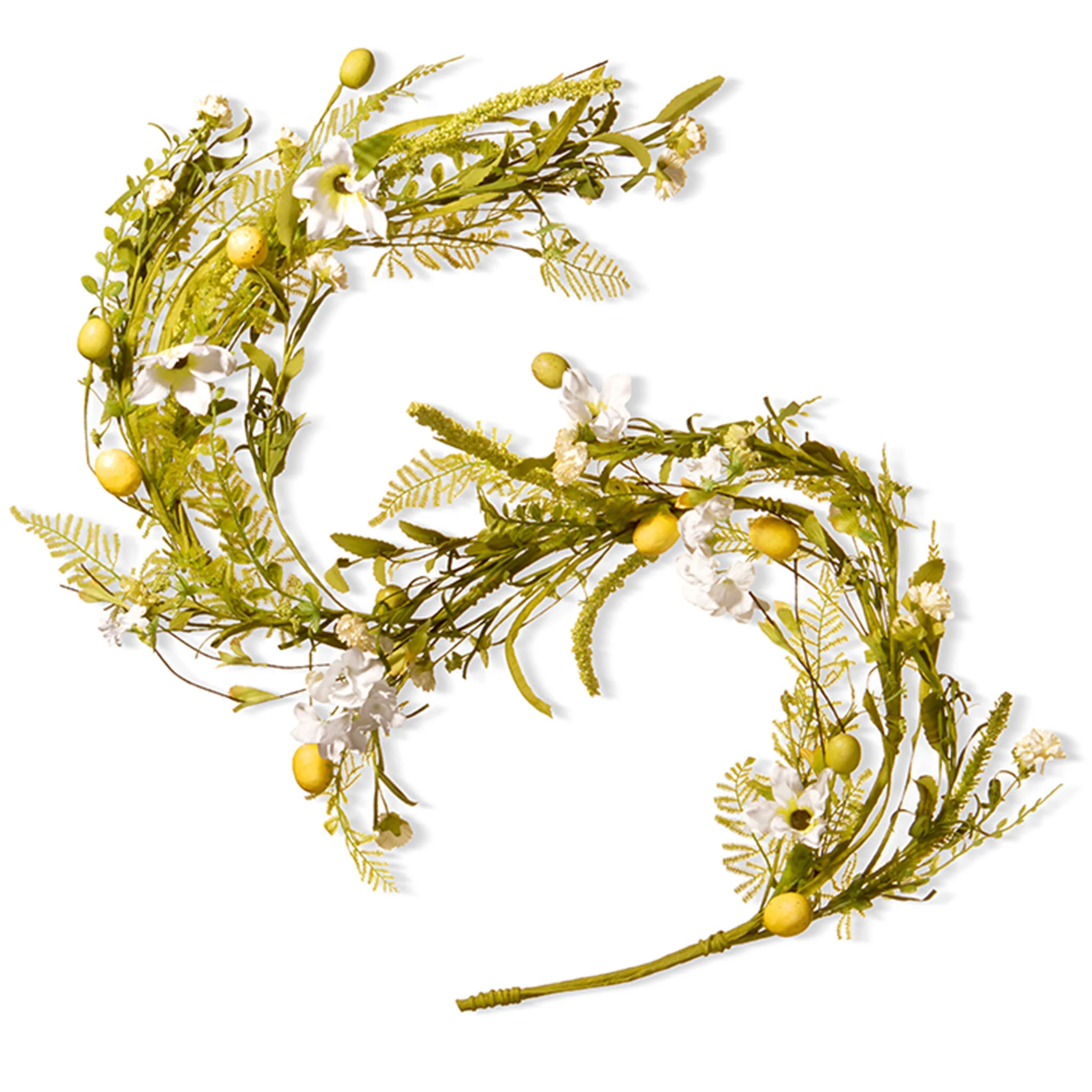 5 ft. Spring Garland with Fern Fronds, White Flower Blooms, Miniature Eggs
