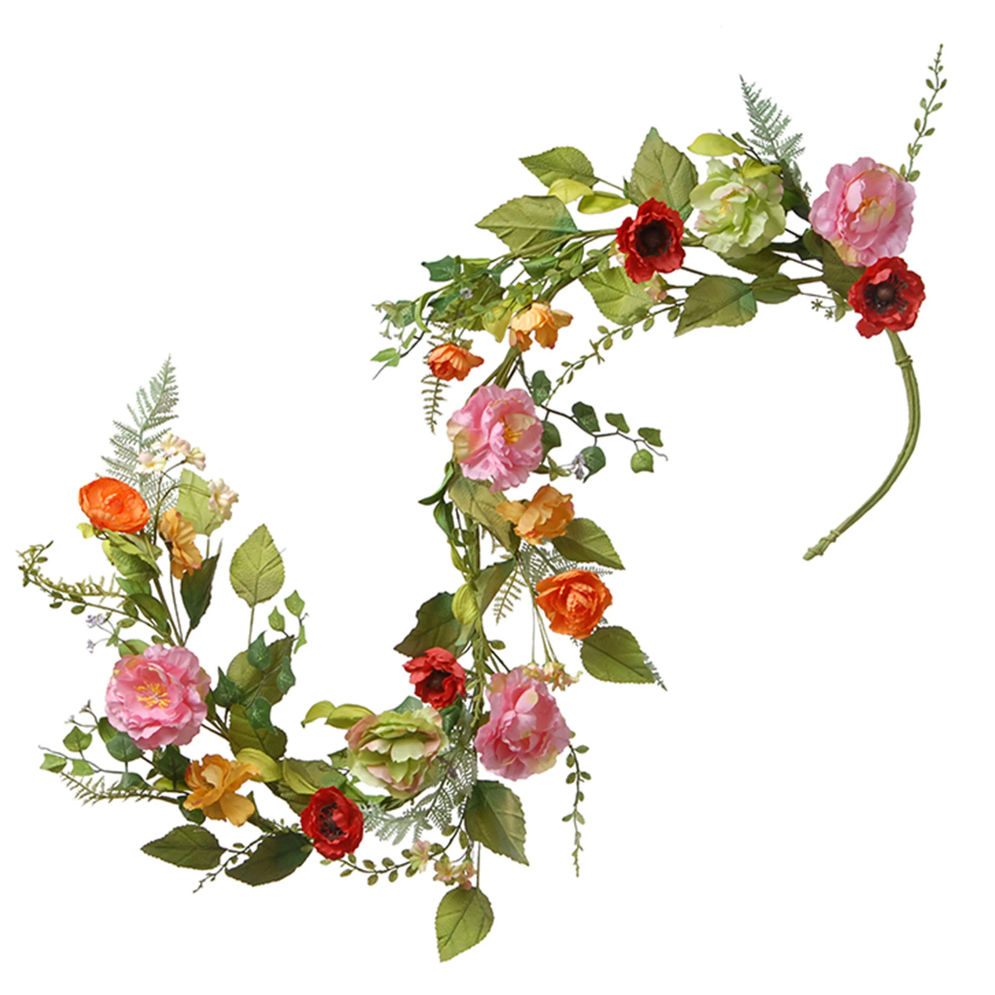5 ft. Spring Garland with Assorted Flower Blooms, Stems, Leafy Greens