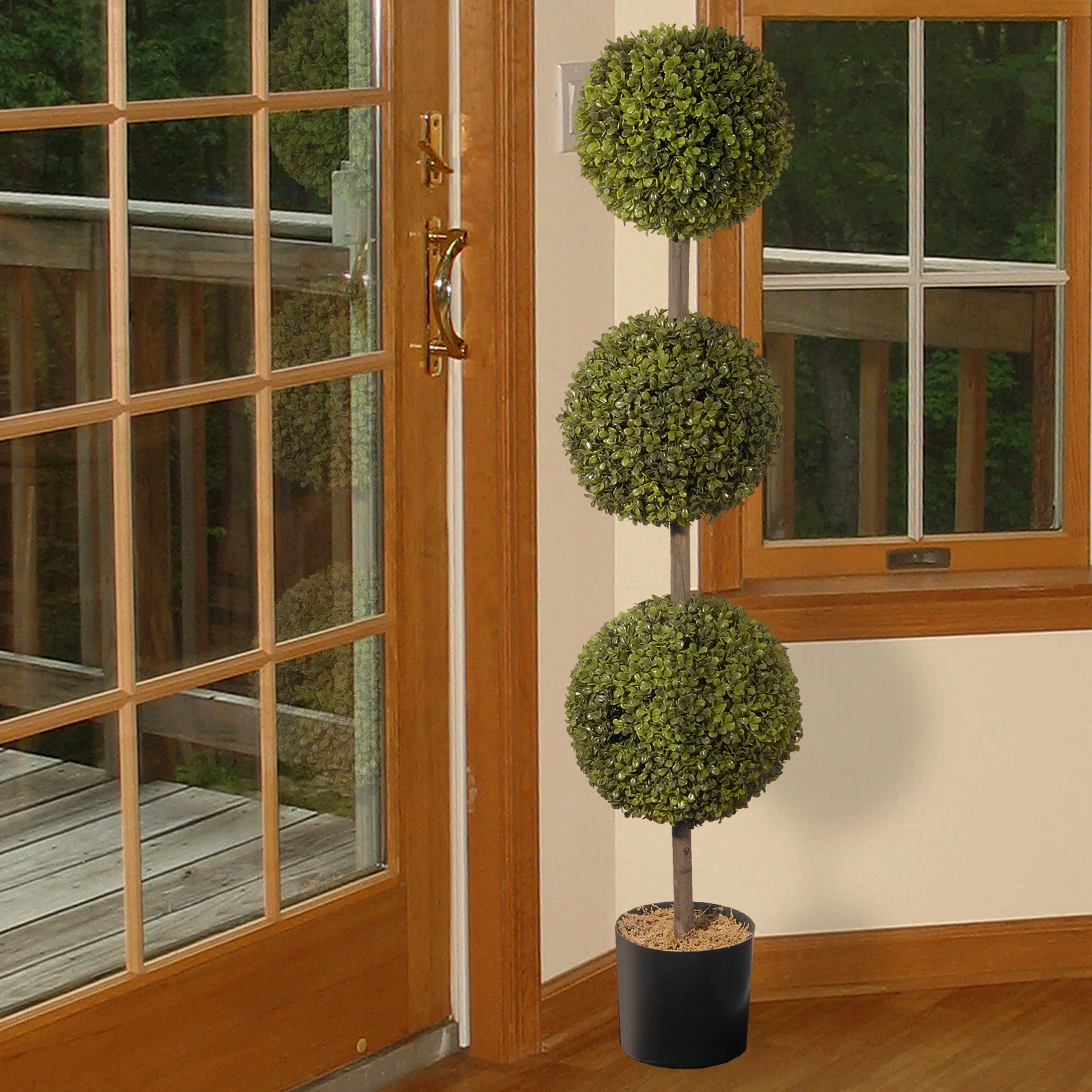 4 ft. Boxwood Three Ball Potted Topiary in a Black Pot Base - Image 2
