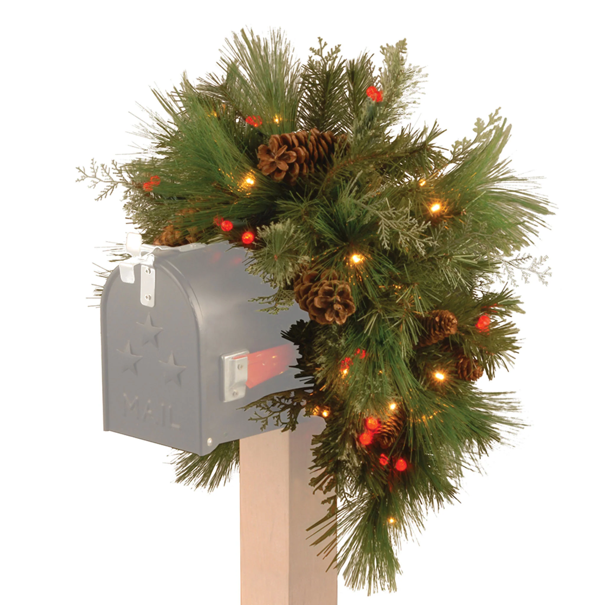 36 in. Pre-Lit White Pine Mailbox Swag with Warm White LED Lights