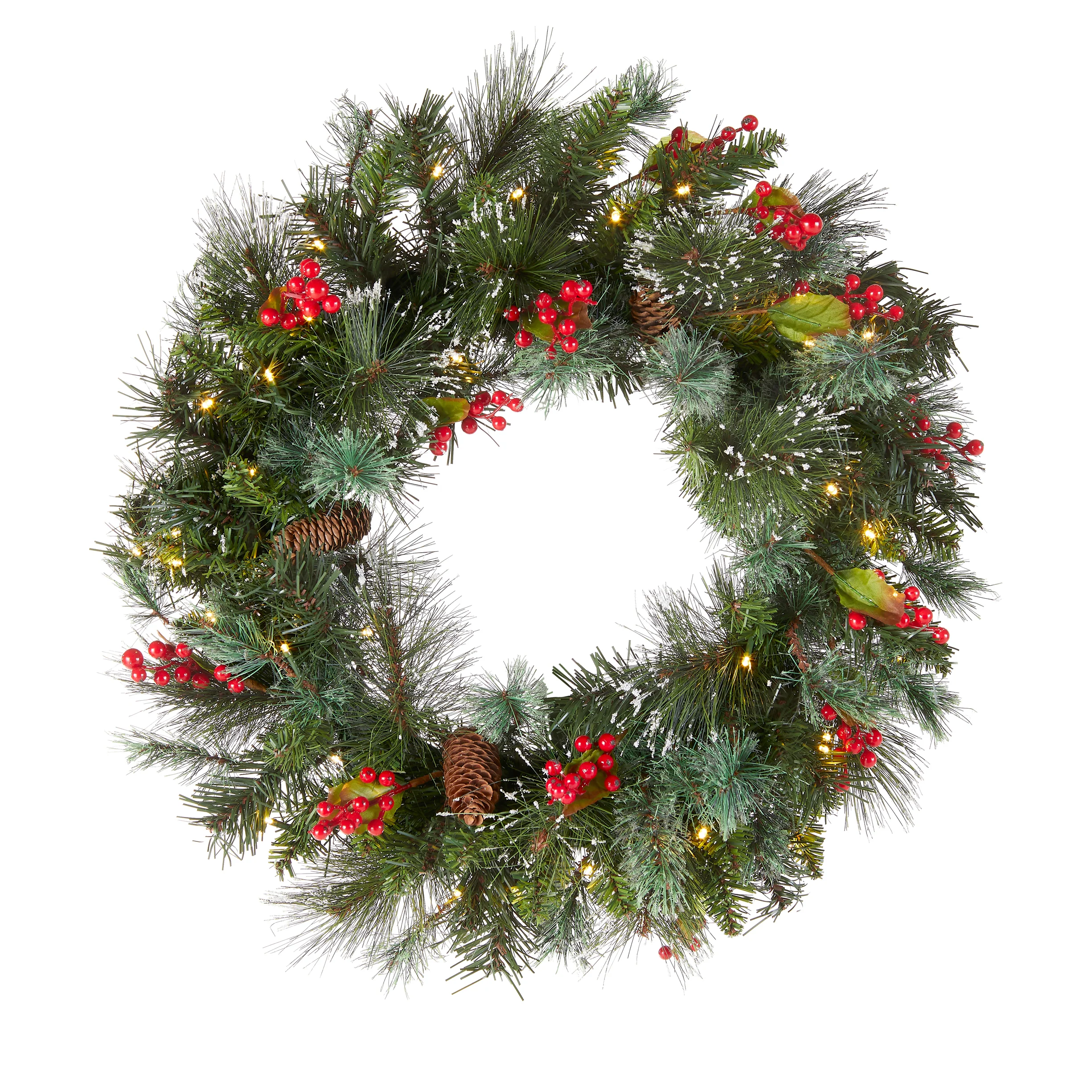 24 in. Pre-Lit Wintry Pine Wreath with Clear Lights, Plug-In