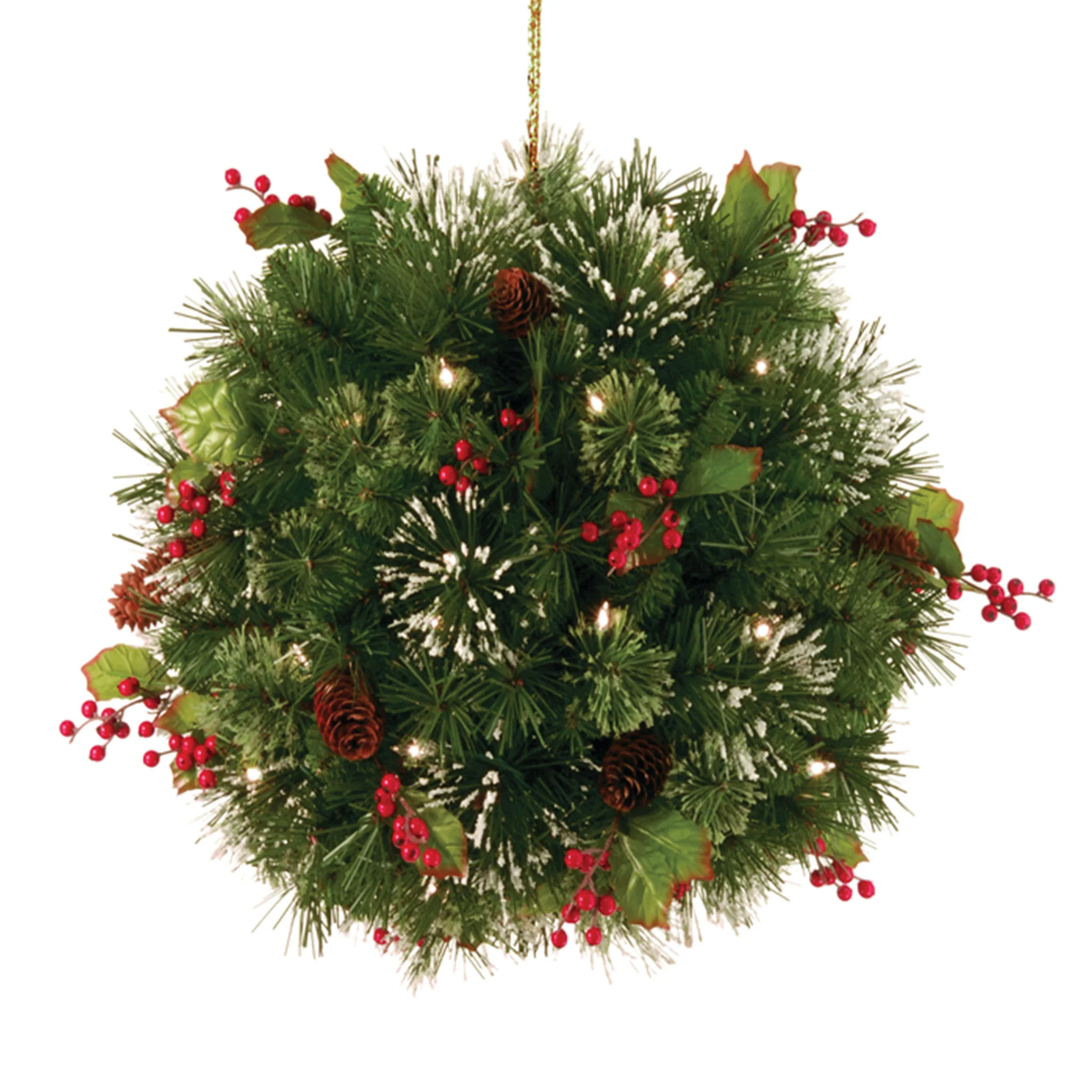 16 in. Pre-Lit Wintry Pine Kissing Ball with Warm White LED Lights